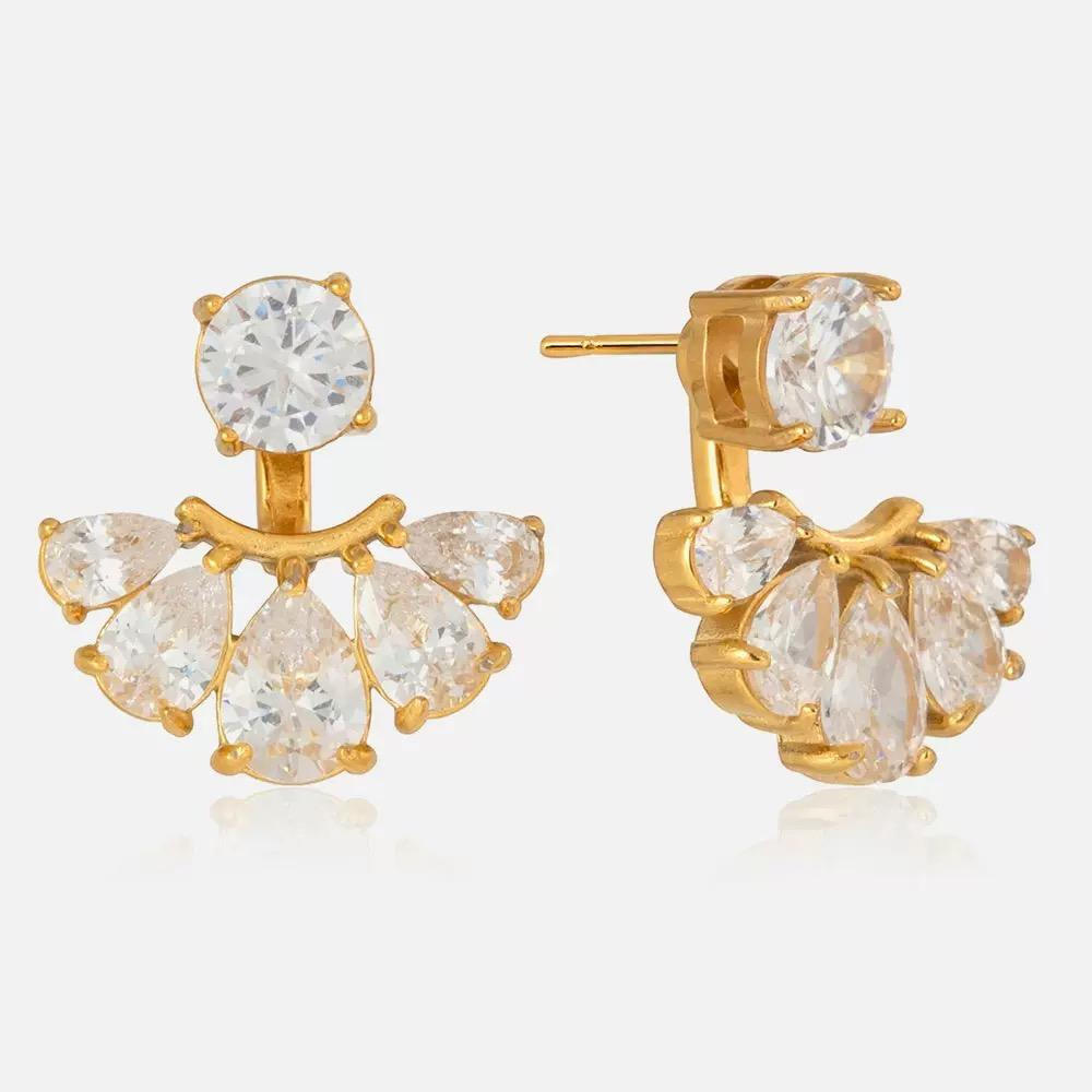 GOLD KELLERY Cubic Zirconia Fan Drop Stud Earrings Gold-Tone Stainless Steel