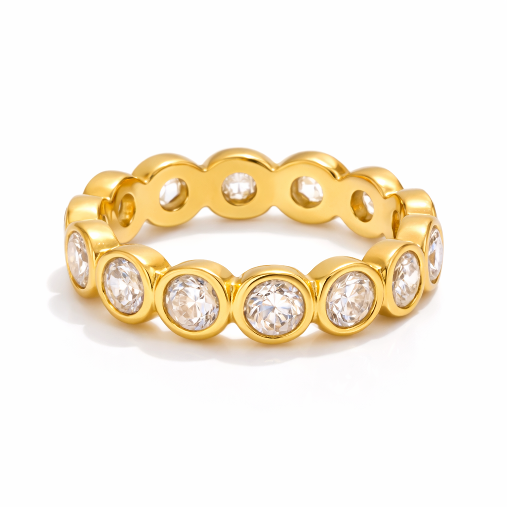 GOLDKELLERY Gold-Tone Stainless Steel Round Cubic Zirconia Bezel Eternity Ring for Women