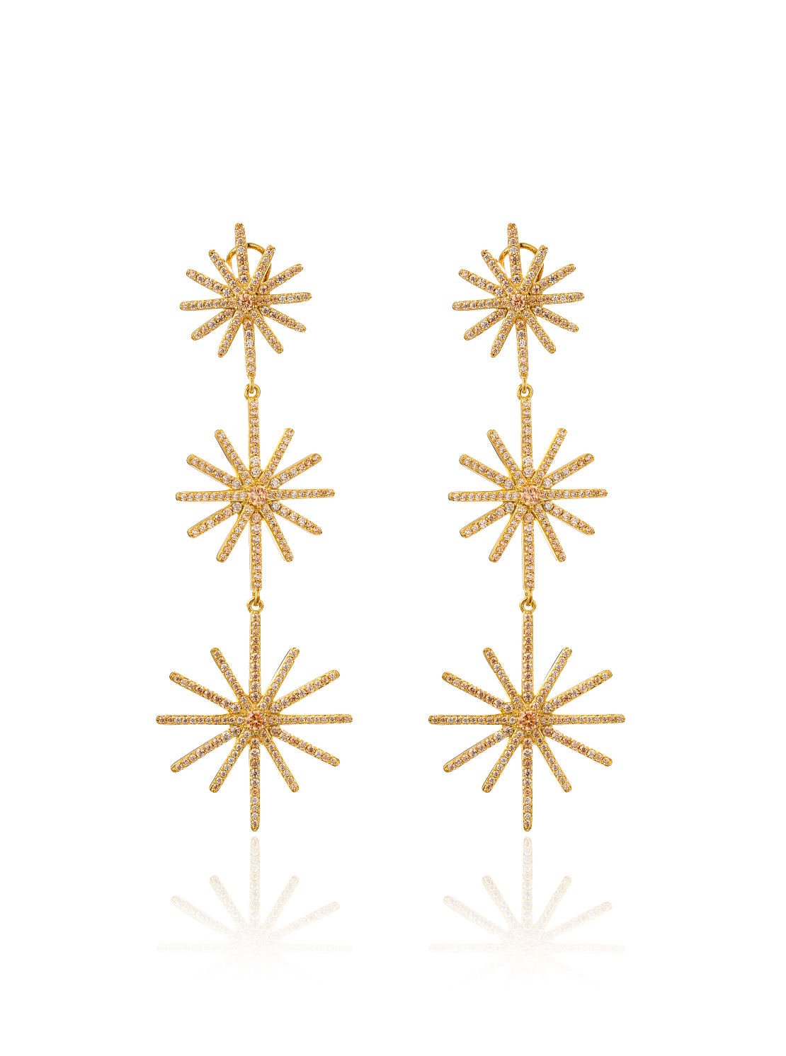 Celestial Starburst Triple Drop Earrings - Gold Finish Zirconia Statement Earrings