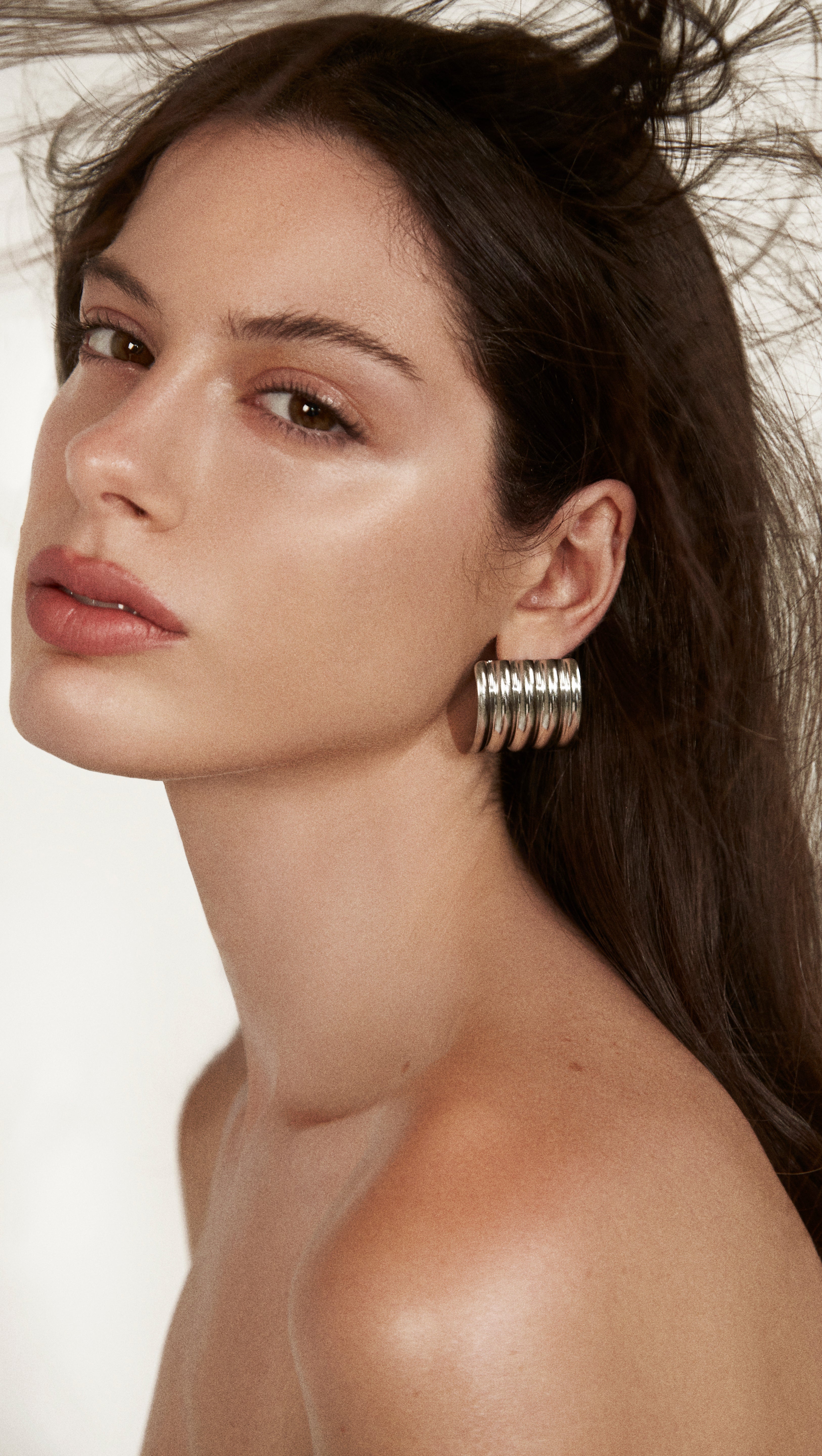 Tile-shaped statement Sculptural Earrings - Geometric Tile-Inspired Statement Hoops with Silver Finish