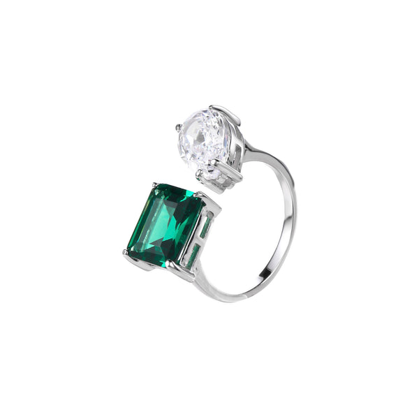 Pear-shaped Cubic Zirconia Split Ring with Emerald Cut CZ and Silver Plating