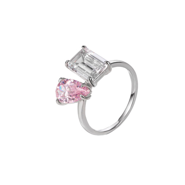 Emerald Cut Cubic Zirconia Ring with Pink CZ and Silver Plating