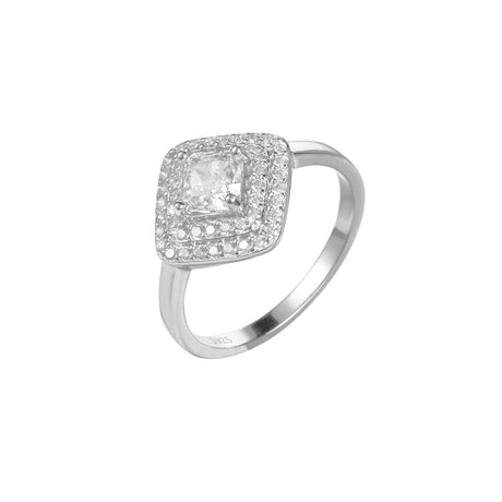 CZ Solitaire Ring with Double Halo CZ and Silver Plating