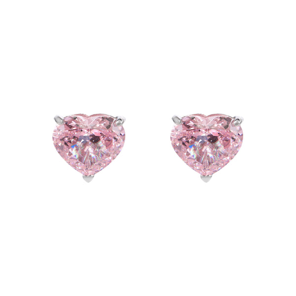 Pink Cubic Zirconia Heart Stud Earrings with Silver Plating