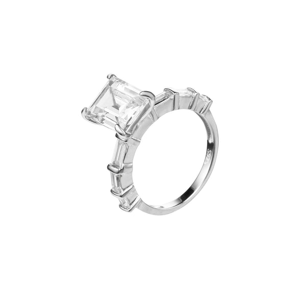 Emerald-cut Cubic Zirconia Solitaire Ring with Silver Plating