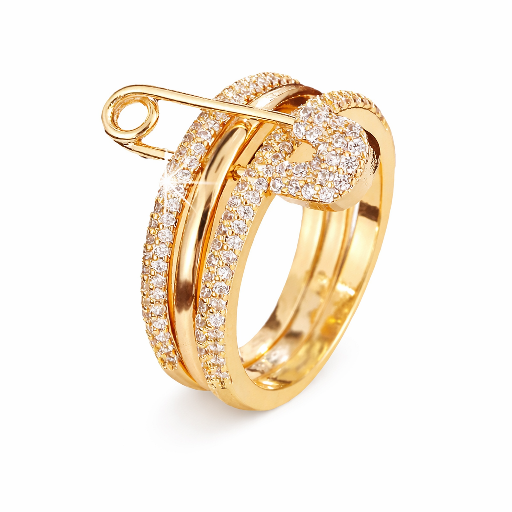 Cubic Zirconia Safety Pin Style Ring Gold-Tone Stainless Steel