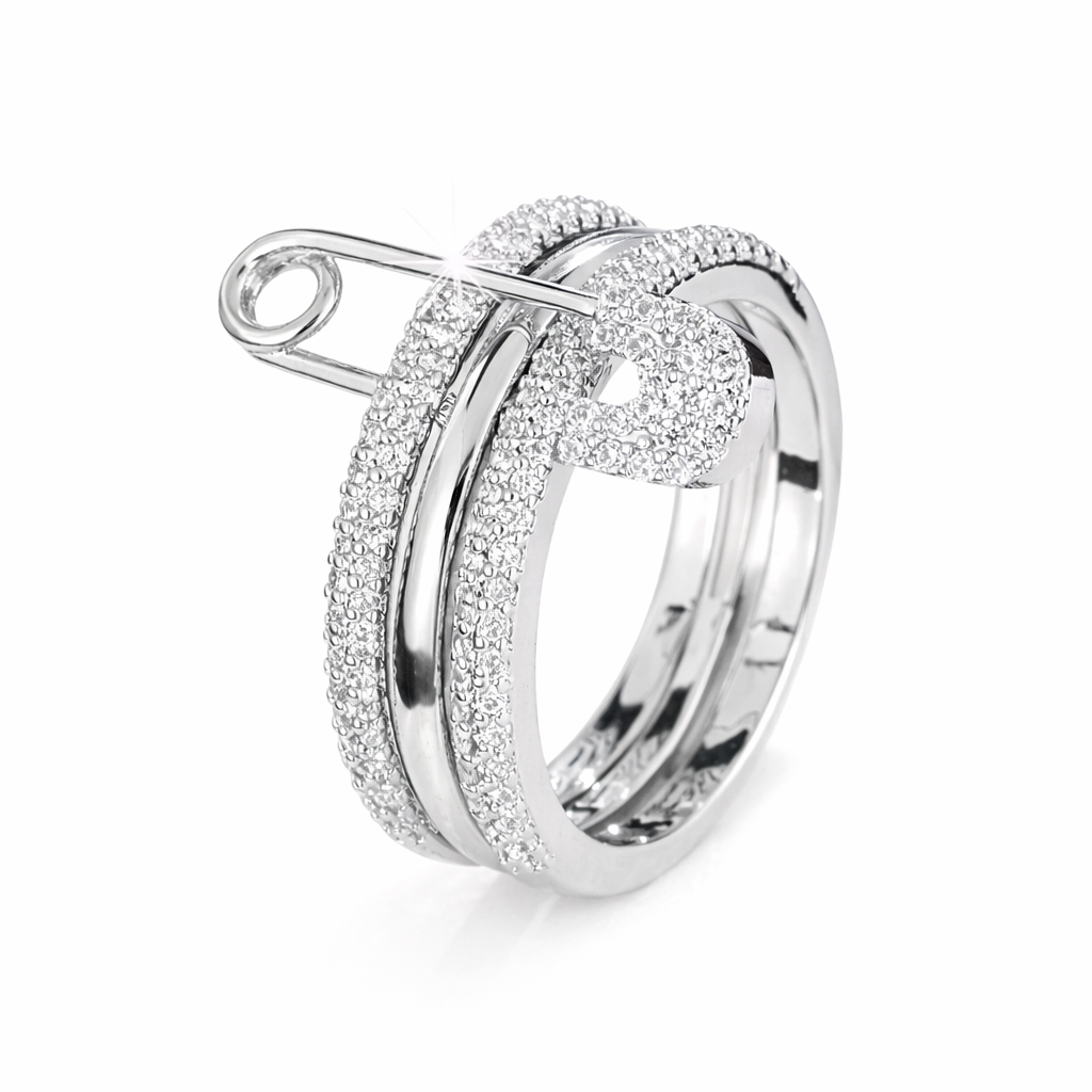 GOLDKELLERY Cubic Zirconia Safety Pin Style Ring Silver-Tone Stainless Steel