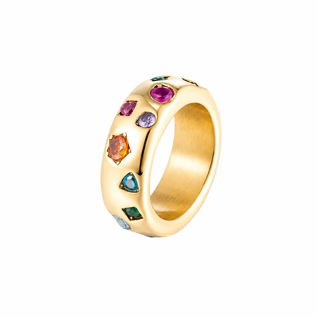 Rainbow Multicolor Gemstone Dome Ring - Chunky 18K Gold Plated Statement Ring