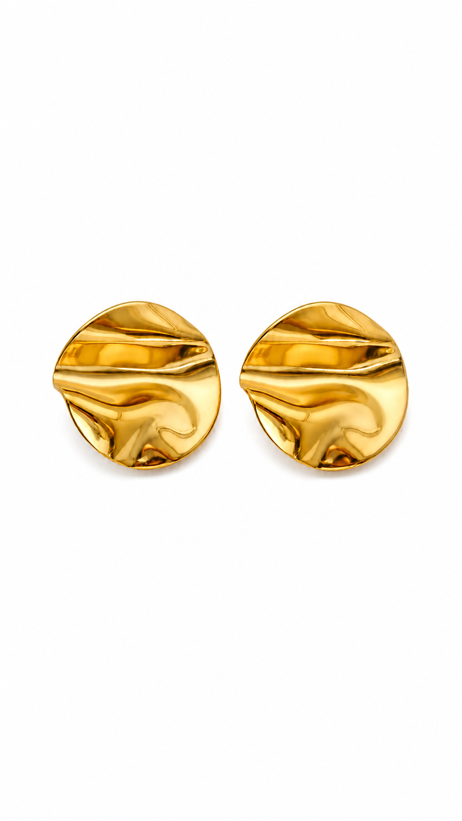 Crinkled Metal Statement Stud Earrings - Polished Gold Finish Abstract Studs