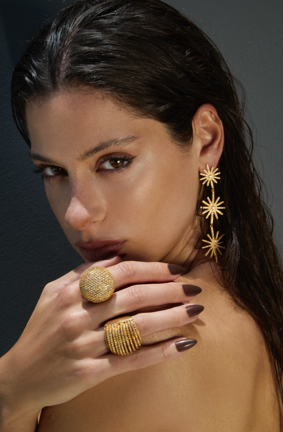 Celestial Starburst Triple Drop Earrings - Gold Finish Zirconia Statement Earrings